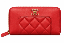 Chanel Women's Wallet Red Lambskin Quilted Mademoiselle Zip Around Gold CC