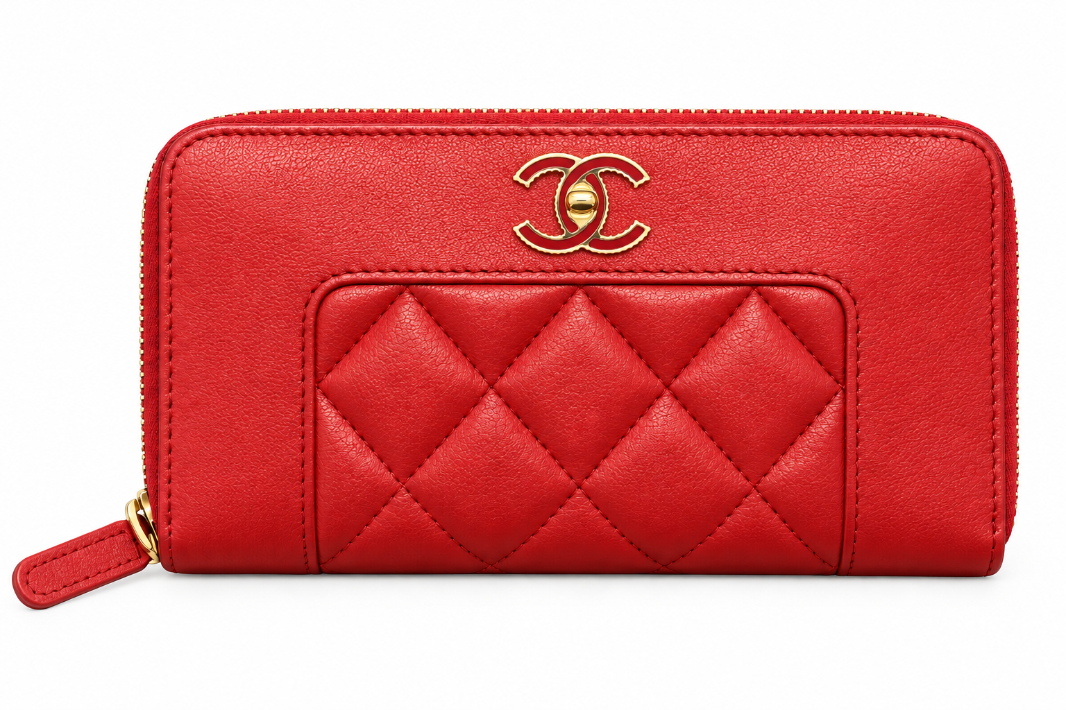 Chanel Women's Wallet Red Lambskin Quilted Mademoiselle Zip Around Gold CC