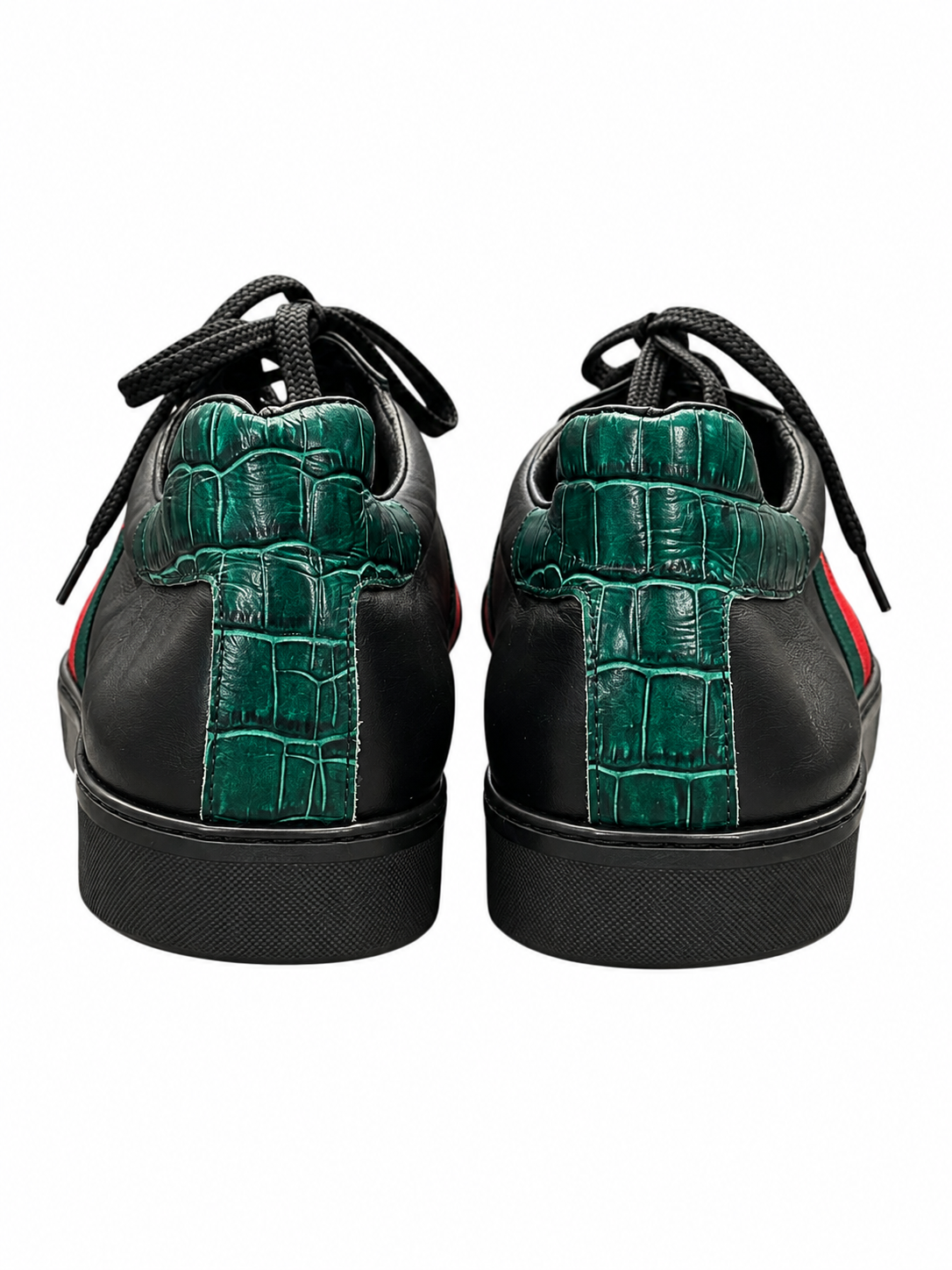Gucci Men's Sneakers 42 Ace Black Leather GG Web Stripe Green Croco Heel - Image 6