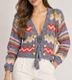 Hayley Menzies Zig Zag Boucle Knit Cardigan Sweater Multicolor Womens XS NWT