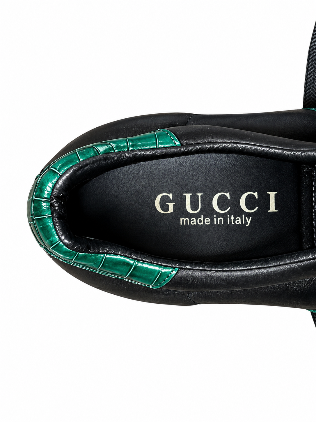 Gucci Men's Sneakers 42 Ace Black Leather GG Web Stripe Green Croco Heel - Image 7