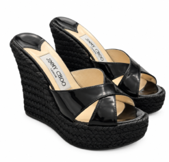 Jimmy Choo Black Patent Leather Espadrille Wedge Platform Sandals 35 US 5