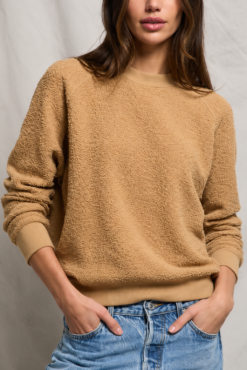 Perfect White Tee Ziggy Sweatshirt Womens L Tan Suede Reversed Fleece Crewneck