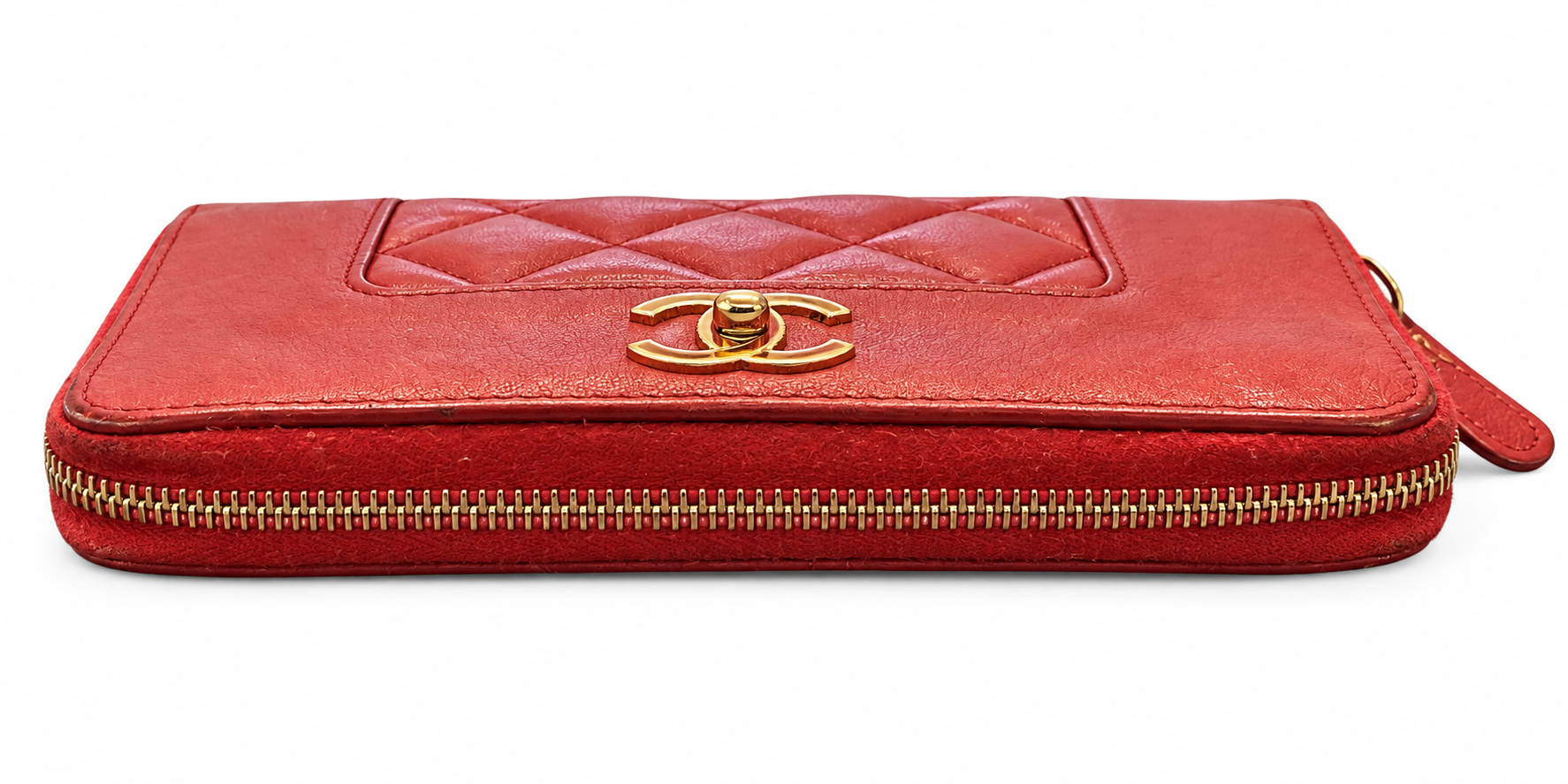 Chanel Women's Wallet Red Lambskin Quilted Mademoiselle Zip Around Gold CC - Image 3
