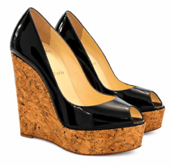 Christian Louboutin Coroclic Pumps Black Patent Cork Wedge Peep Toe 39.5