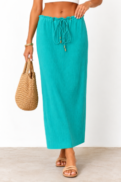 DVF Diane von Furstenberg Chania Skirt Womens 6 Teal Pleated Maxi Drawstring NWT
