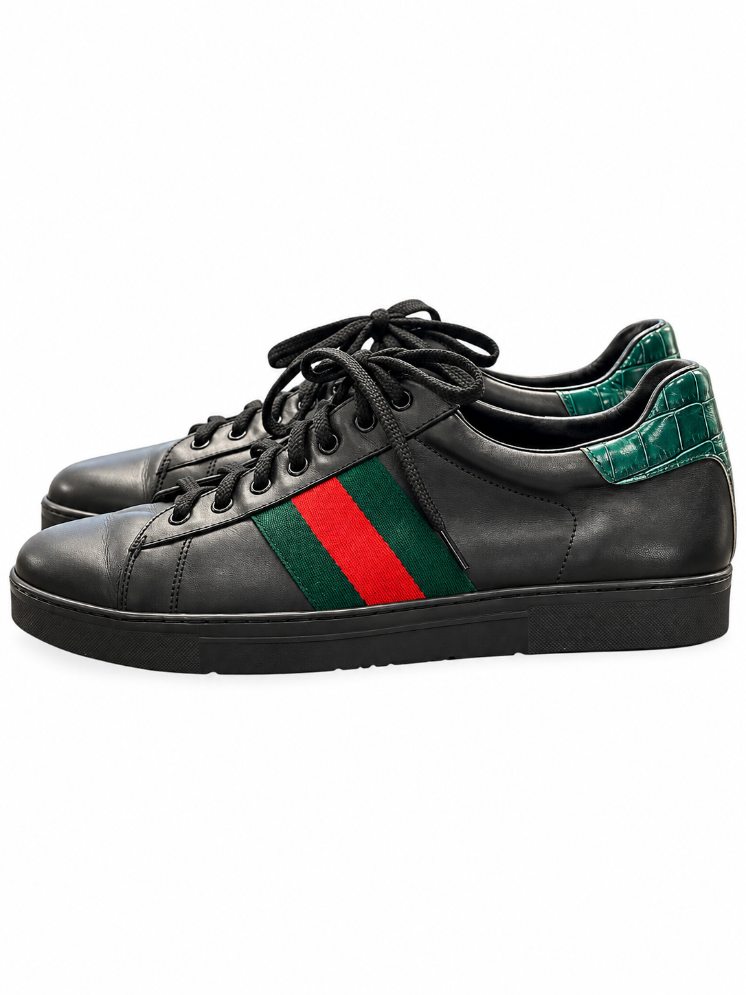 Gucci Men's Sneakers 42 Ace Black Leather GG Web Stripe Green Croco Heel - Image 5