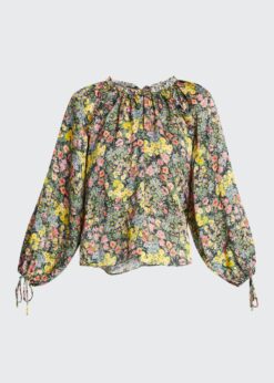Alternative view of LoveShackFancy Nessa Floral Cotton Silk Ruffle Blouse Top XS