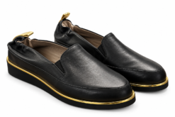 Ron White Loafers 37.5 Nelleca Black Leather Gold Metallic Trim Flats NEW