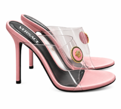 Alternative view of Versace Alia 120mm Pink Satin Clear PVC Medusa Mule Sandals Heels 38.5