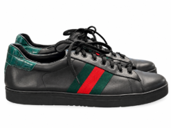 Alternative view of Gucci Men's Sneakers 42 Ace Black Leather GG Web Stripe Green Croco Heel