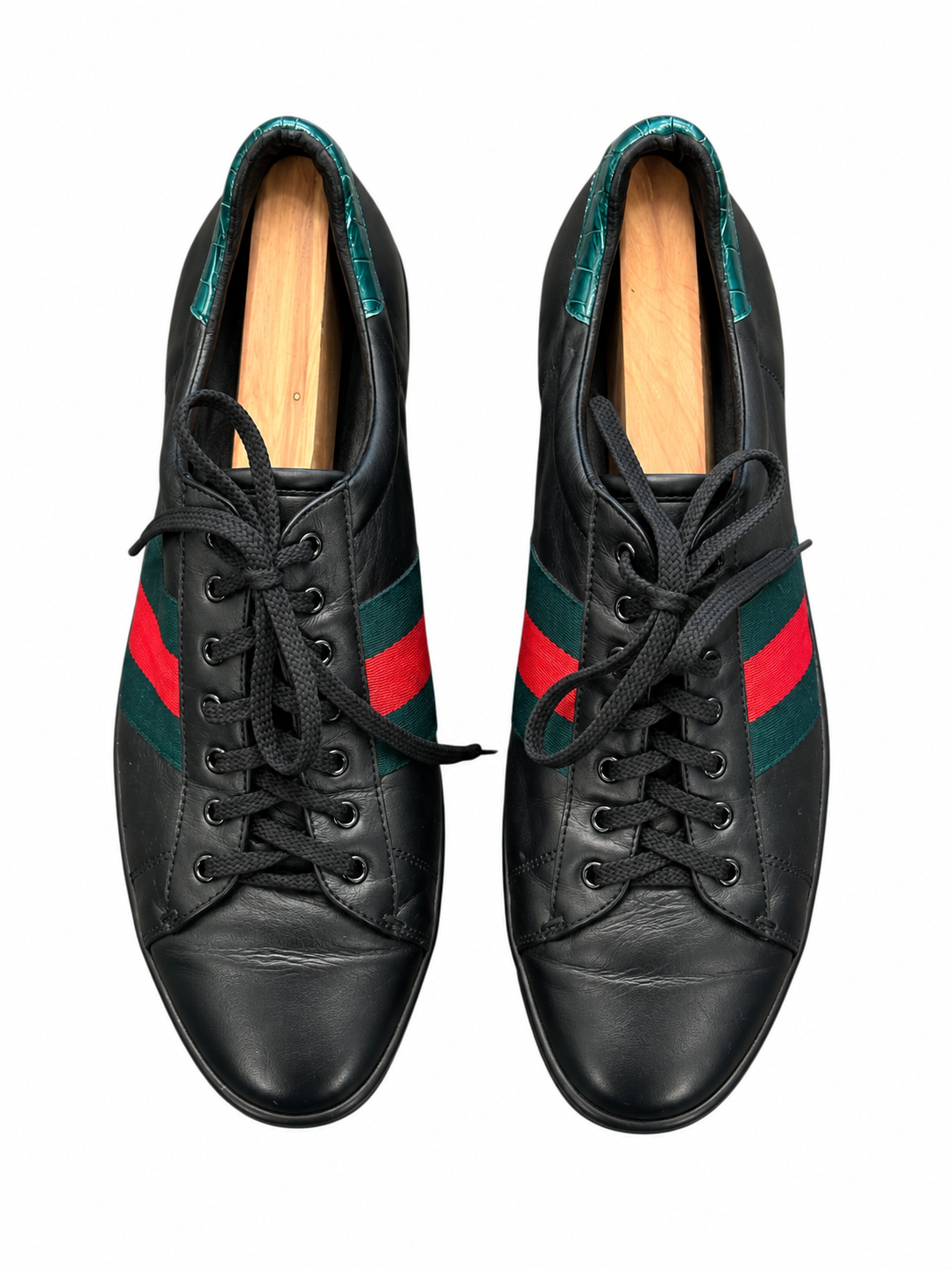 Gucci Men's Sneakers 42 Ace Black Leather GG Web Stripe Green Croco Heel - Image 4