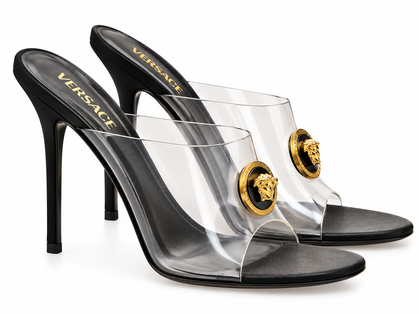 Versace Medusa Clear PVC Black Stiletto Mule Sandals Heels 39.5 Box - Image 2