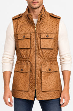Giorgio's of Palm Beach Mens Vest 52 Brown Genuine Ostrich Leather Safari Jacket