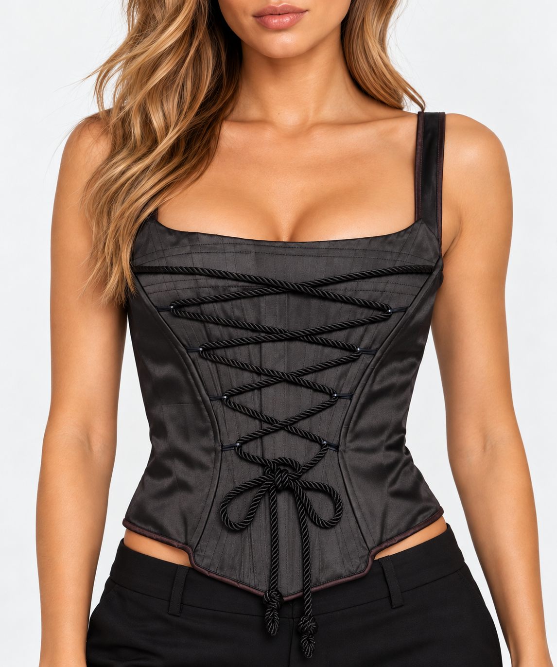 Juan Carlos Pinera Corset Top Womens Small Vintage Black Satin Lace Up Square Neck