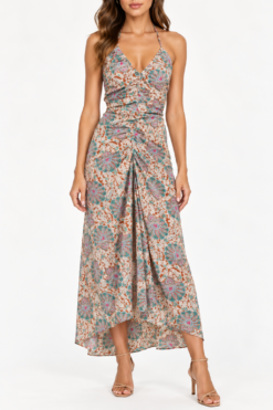 Veronica Beard Aldana Dress Womens 4 Caramel Multi Floral Halter Maxi Ruched