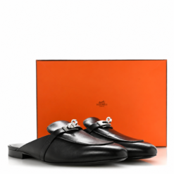 Hermes Mules 38 Oz Black Smooth Goatskin Leather Silver Kelly Buckle Loafers NIB