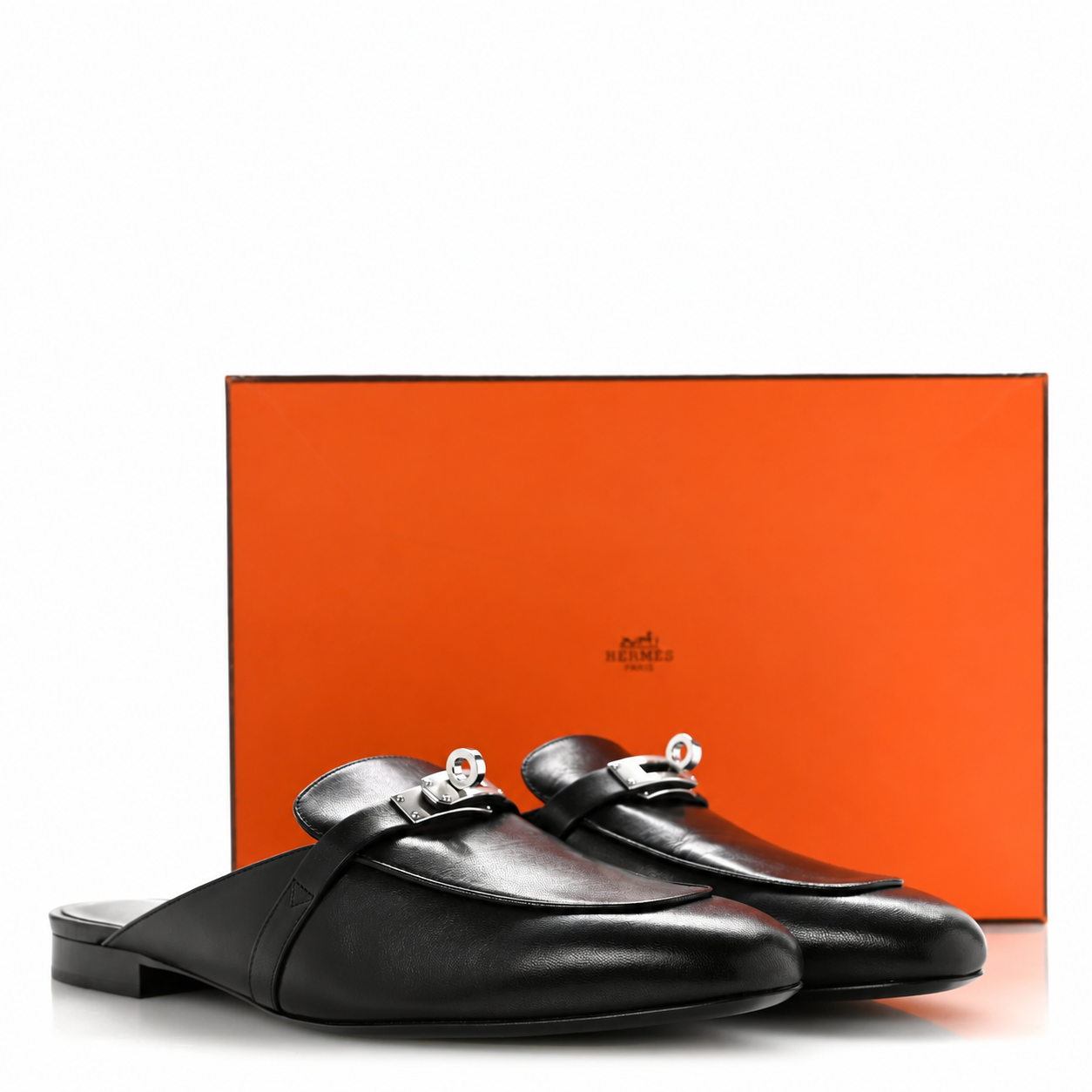 Hermes Mules 38 Oz Black Smooth Goatskin Leather Silver Kelly Buckle Loafers NIB
