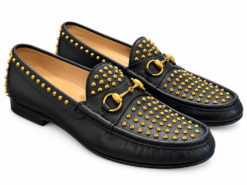 Gucci Mens Loafers Size 8 UK 9 US 1953 Horsebit Black Leather Gold Studded