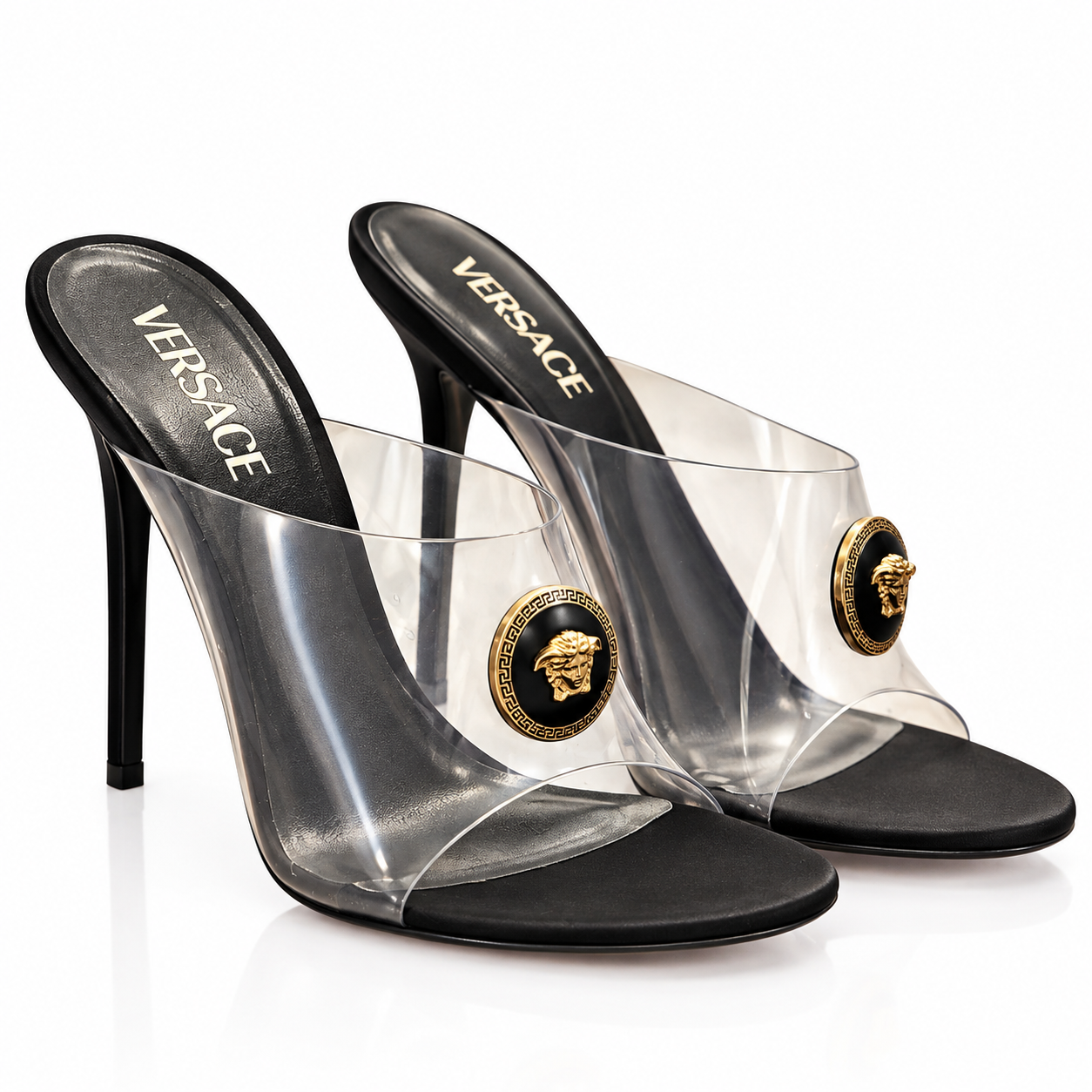 Versace Medusa Clear PVC Black Stiletto Mule Sandals Heels 39.5 Box