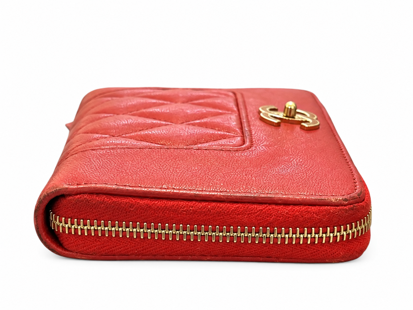 Chanel Women's Wallet Red Lambskin Quilted Mademoiselle Zip Around Gold CC - Image 4