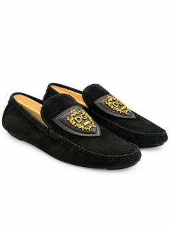 Dolce & Gabbana Loafers Mens 9.5 Black Suede Gold DG Crown Crest Driving Shoes