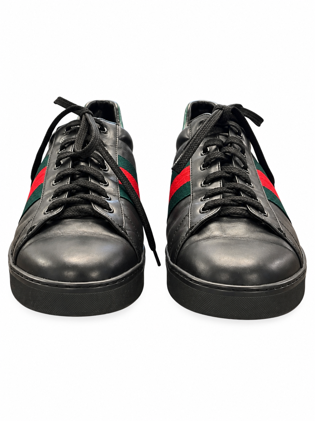 Gucci Men's Sneakers 42 Ace Black Leather GG Web Stripe Green Croco Heel - Image 3