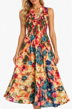 YAVI Midi Dress M Multicolor Floral Print Satin V Neck Sleeveless