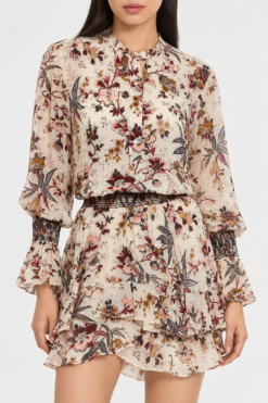 A.L.C. Landry Dress Size 0 Ivory Floral Silk Long Sleeve Smocked Mini