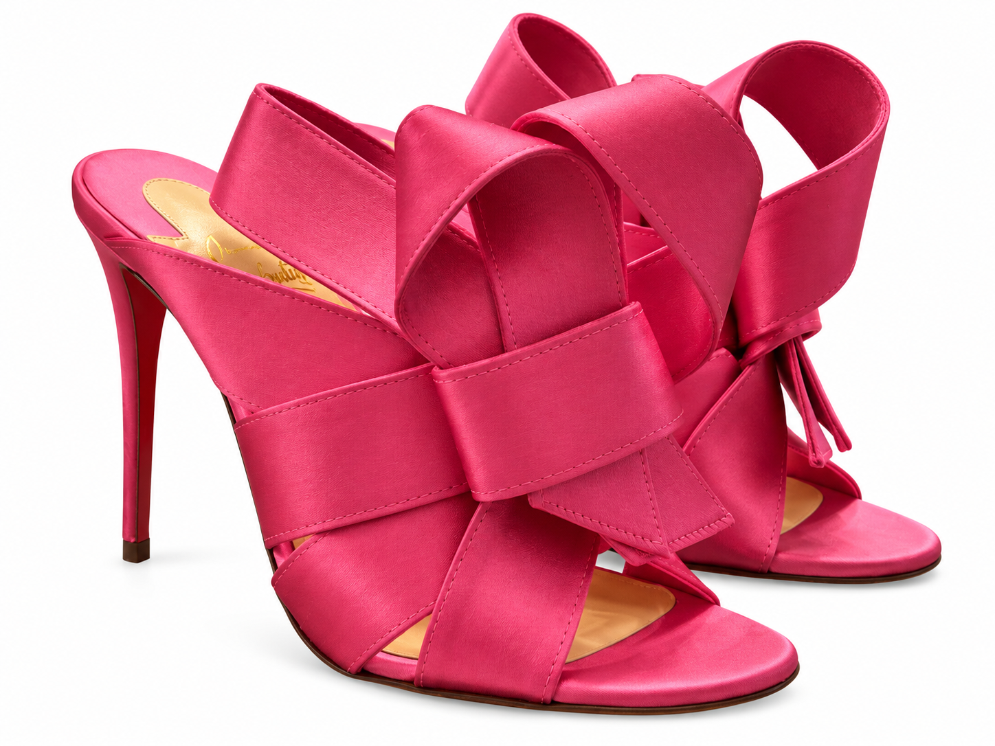 Christian Louboutin Sandals 40 Samourai 100 Pink Satin Bow Mules Heels Box