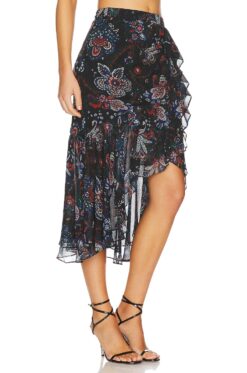 Alternative view of Veronica Beard Tiare Skirt Size 6 Black Floral Silk Ruffle High Low Midi