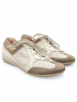 Miu Miu Mens White Taupe Perforated Leather Suede Sneakers UK 8 US 9 Vintage