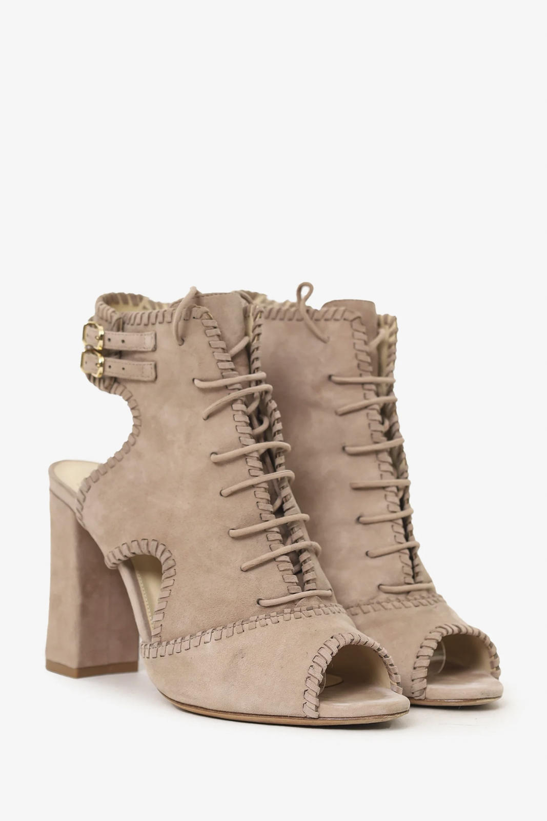 Alexandre Birman Abbe Nude Suede Lace Up Peep Toe Booties Heels 35