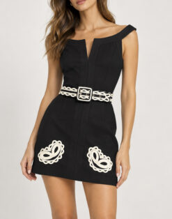 Andres Otalora Black White Embroidered Belted Mini Dress Size 2