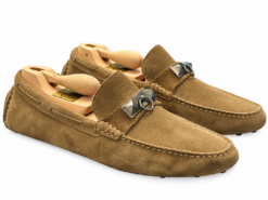 Hermes Irving Mens Suede Driving Loafers Size 42 Tan Collier de Chien