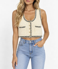 ba&sh Gustave Ecru Crochet Knit Cropped Sweater Vest Gold Buttons NWT 0 XS