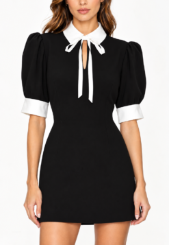Cinq a Sept Sabelle Mini Dress Womens 2 Black White Tie Neck Puff Sleeve