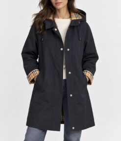 Burberry Coat 6 Navy Blue Long Hooded Nova Check Wool Cashmere Lined