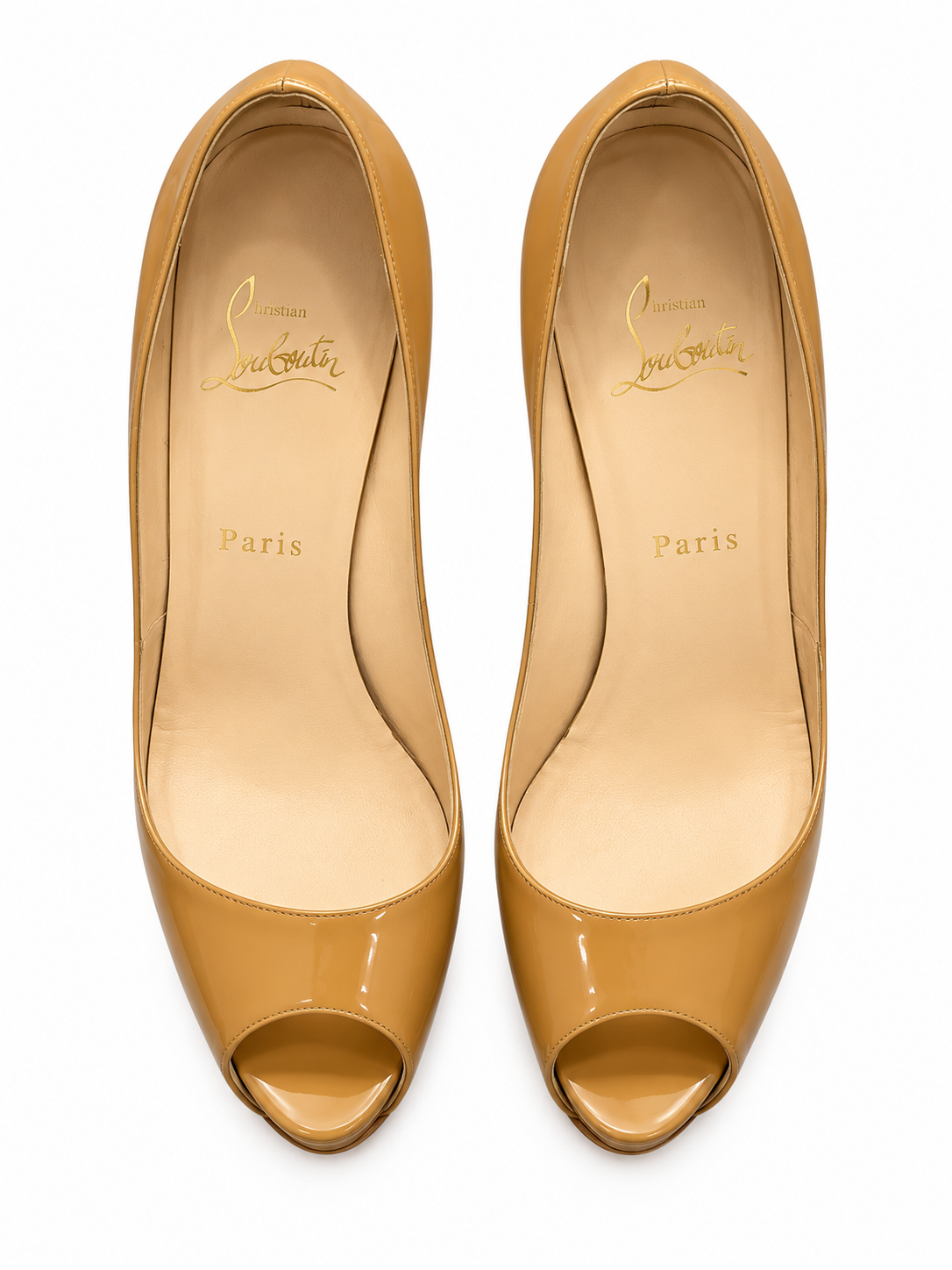 Christian Louboutin Heels 39 Very Prive 120 Tan Patent Peep Toe Pumps - Image 3