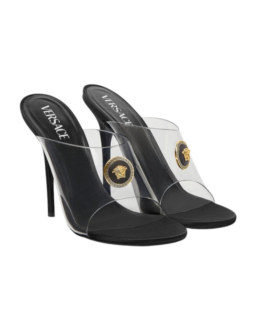 Versace Medusa Clear PVC Black Stiletto Mule Sandals Heels 39.5 Box - Image 5