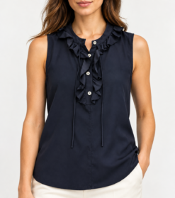 FRAME Blouse Size XS Navy Blue Silk Sleeveless Ruffle Neck Button Front Top