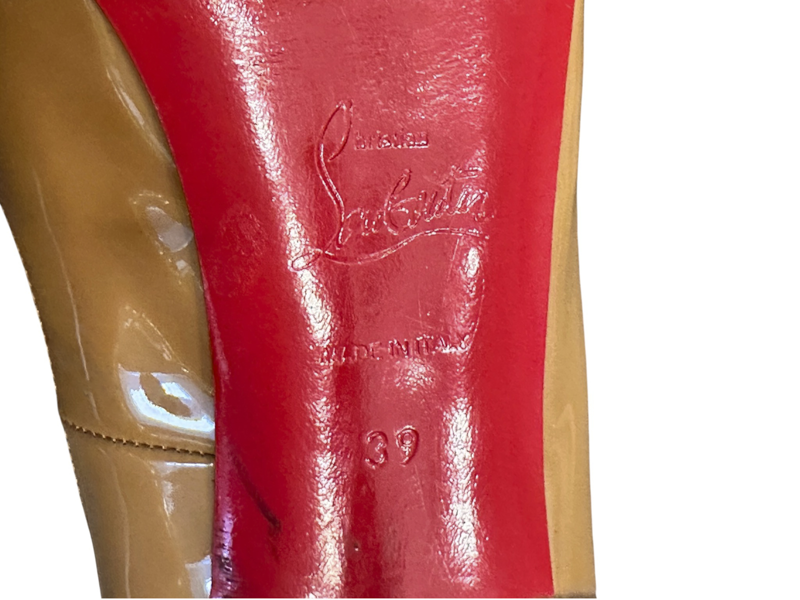 Christian Louboutin Heels 39 Very Prive 120 Tan Patent Peep Toe Pumps - Image 9