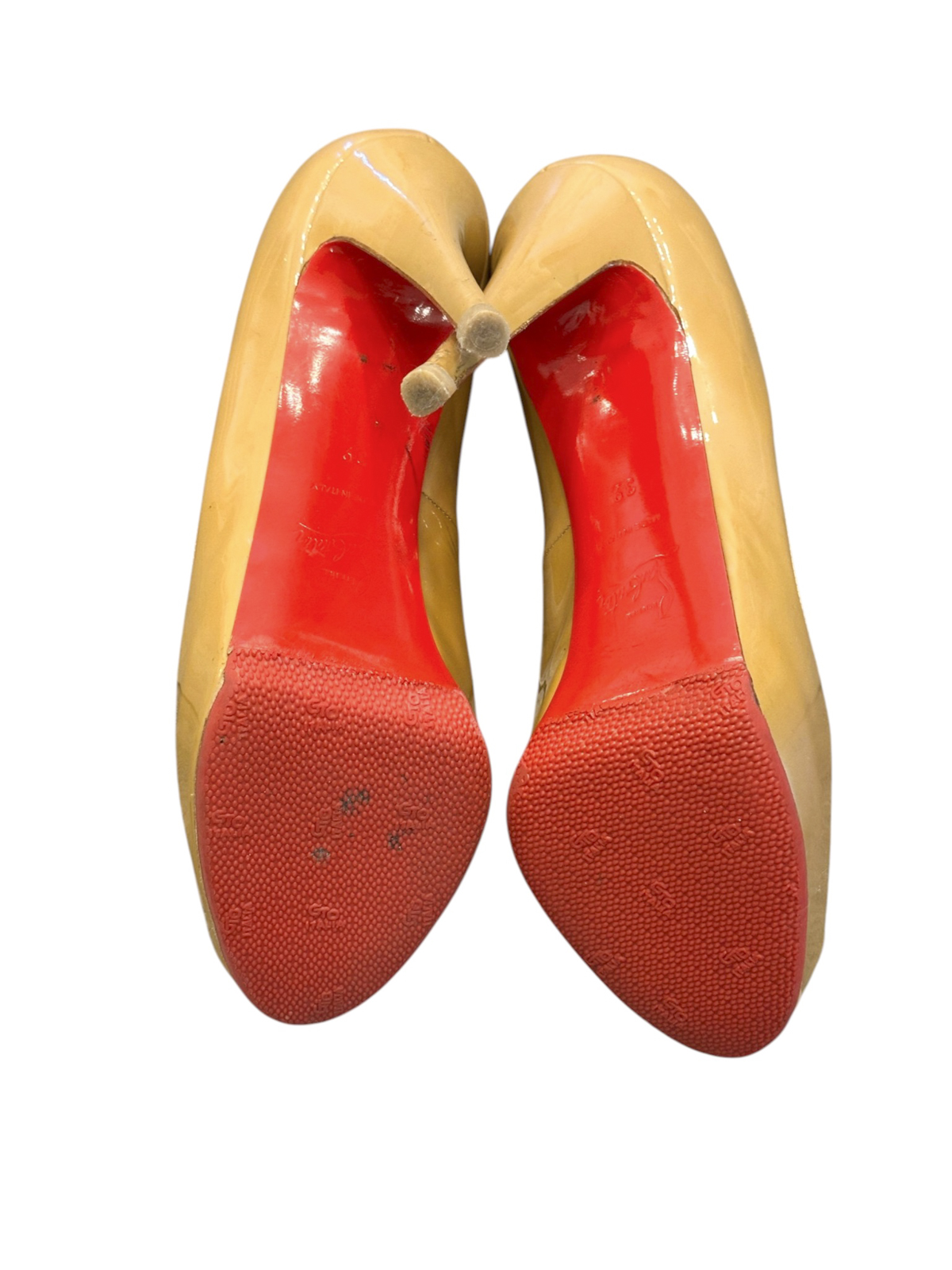 Christian Louboutin Heels 39 Very Prive 120 Tan Patent Peep Toe Pumps - Image 8