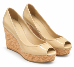 Jimmy Choo Sandals Size 37 Nude Patent Leather Peep Toe Cork Wedge Heels