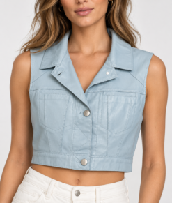 JKT NYC Juliette Leather Vest Womens XS Sky Blue Burnished Cropped Jacket NWT