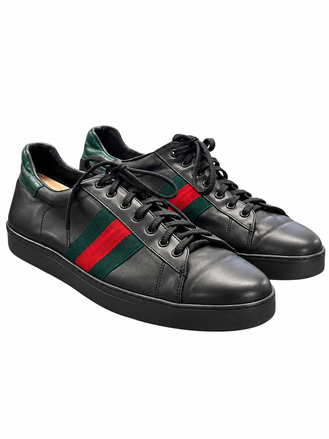 Gucci Men's Sneakers 42 Ace Black Leather GG Web Stripe Green Croco Heel