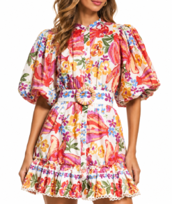 Farm Rio Spring Bananas Dress Size XS Multicolor Floral Puff Sleeve Belted Mini