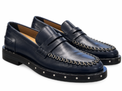 Lanvin Mens Loafers Size US 9 Navy Leather Metal Embellished Penny Shoes