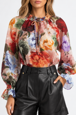 Alice + Olivia Norah Storm Floral Peasant Blouse Womens M Multicolor Silk NWT