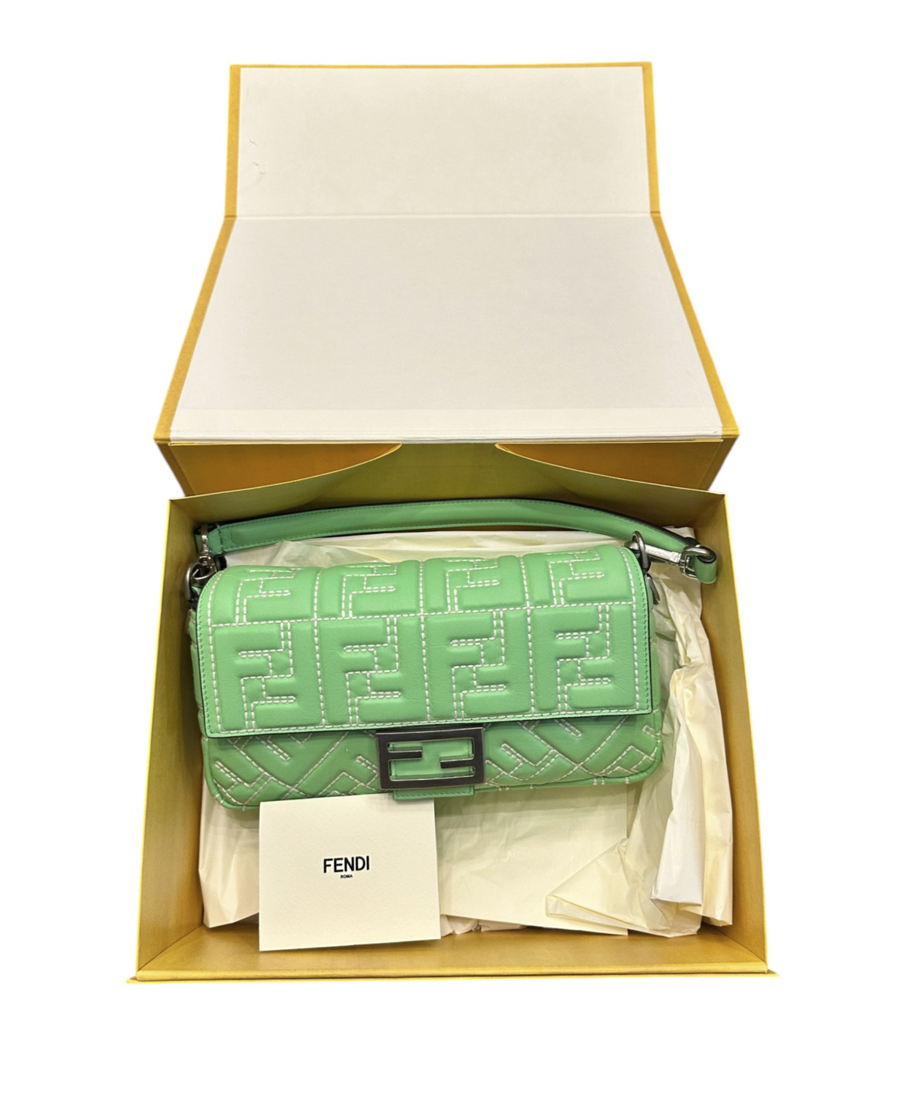 Fendi Bag Medium Baguette Stitched FF Edamame Green Nappa Leather NIB - Image 12